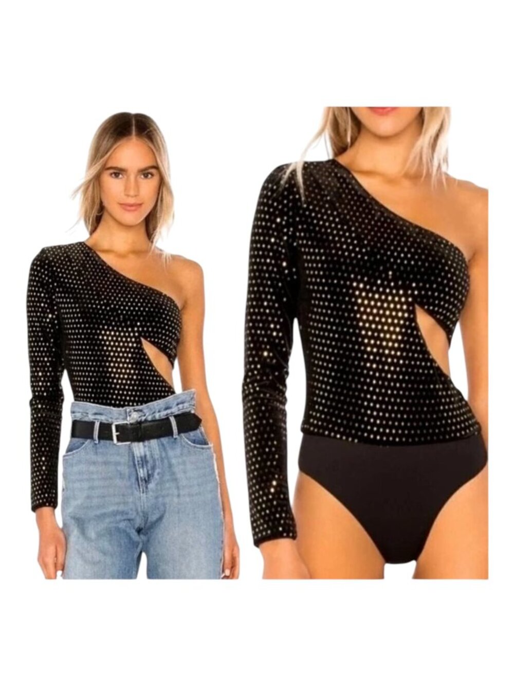 H:ours Karly Bodysuit Women Small Black‎ Gold Sequins Velvet One Shoulder Gothic